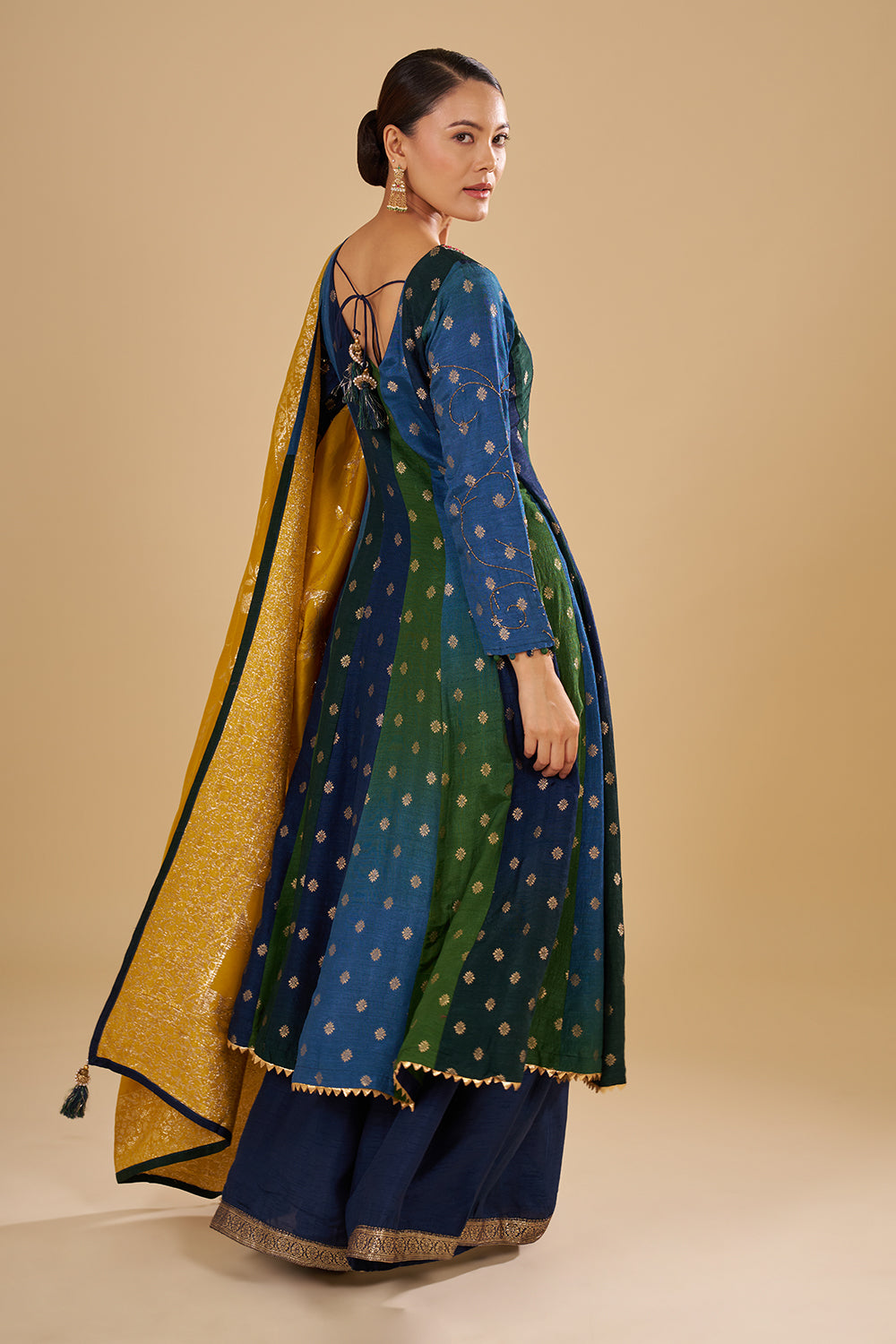 Navy And Green Panelled Kurta Set with Embellished Neckline