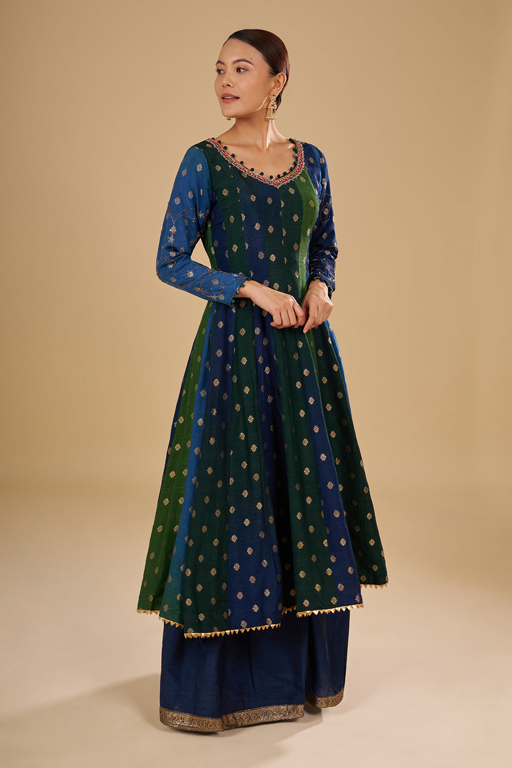 Navy And Green Panelled Kurta Set with Embellished Neckline