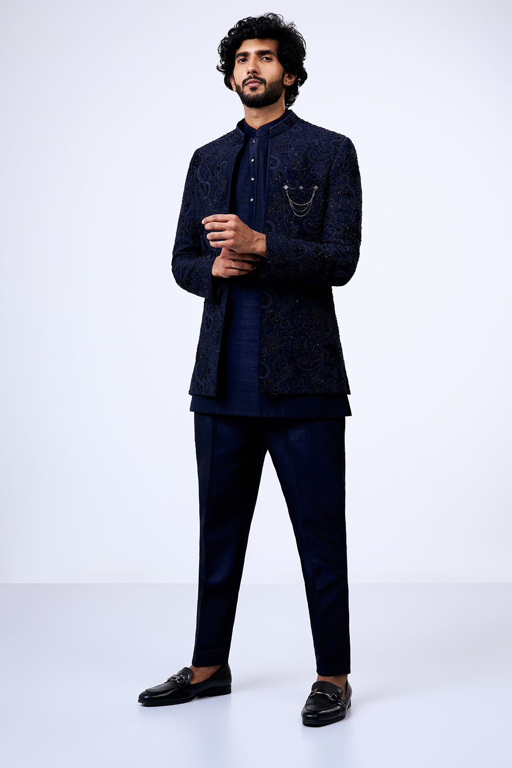Navy Blue Art Silk Paisley Embellished Jacket Set