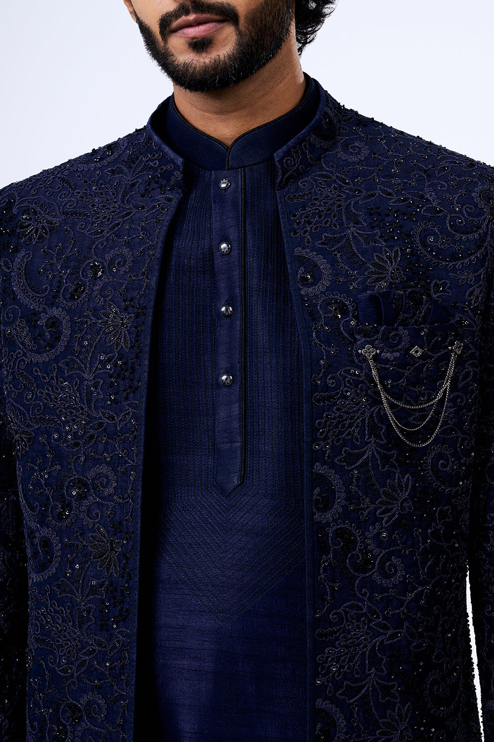 Navy Blue Art Silk Paisley Embellished Jacket Set