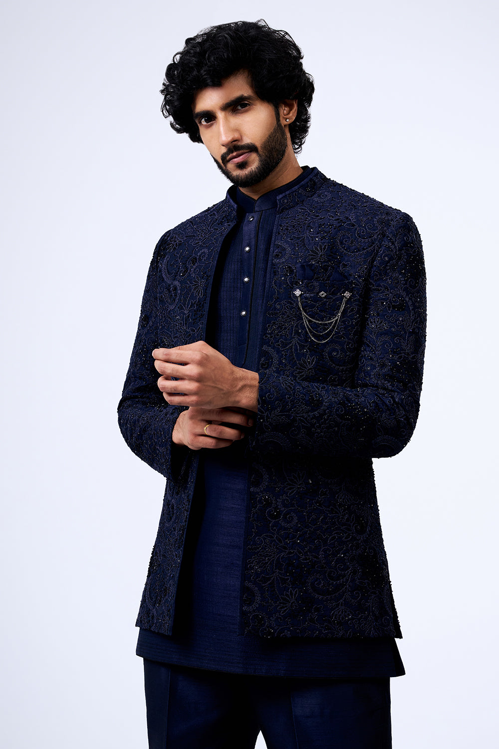 Navy Blue Art Silk Paisley Embellished Jacket Set