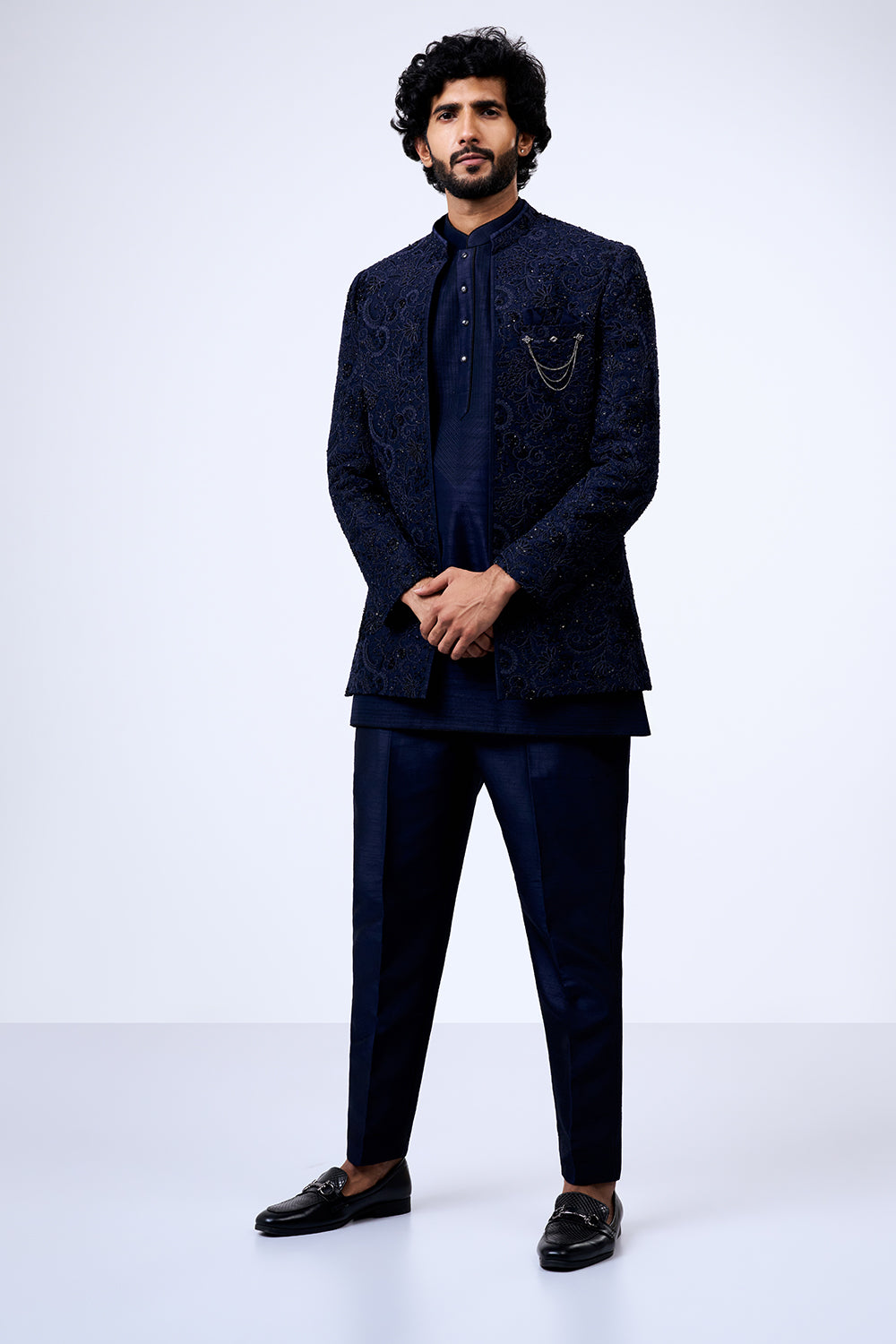 Navy Blue Art Silk Paisley Embellished Jacket Set