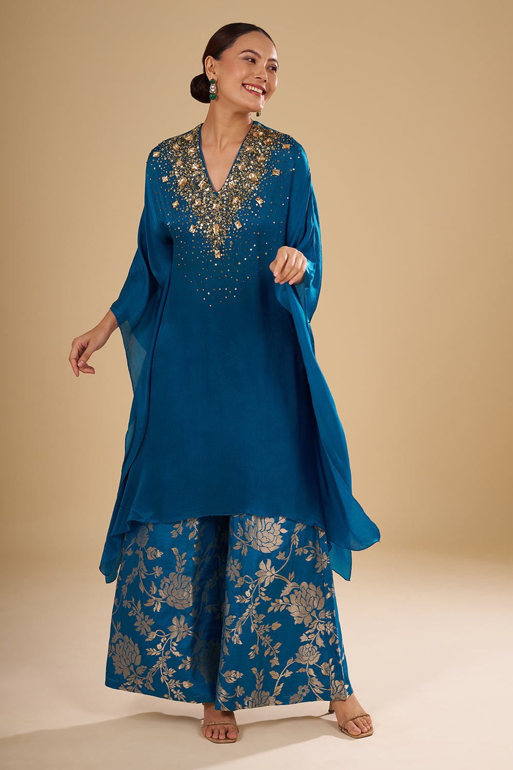 Navy Blue Bamber Satin Tie-Dye Cape Set with Mirror and Resham Embroidery