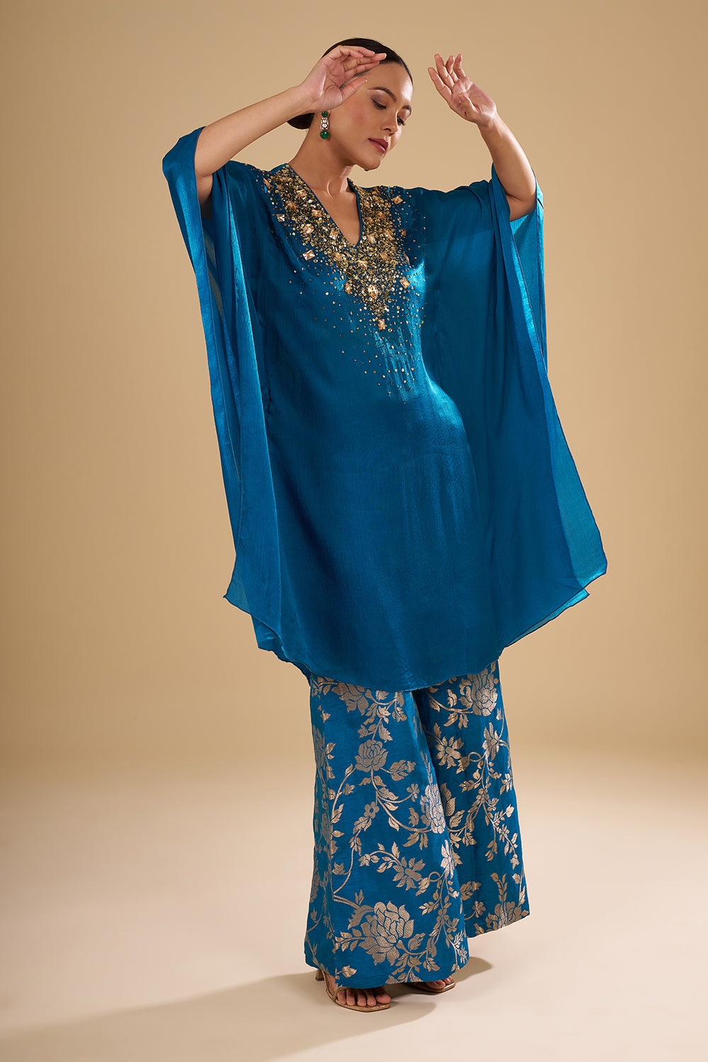 Navy Blue Bamber Satin Tie-Dye Cape Set with Mirror and Resham Embroidery