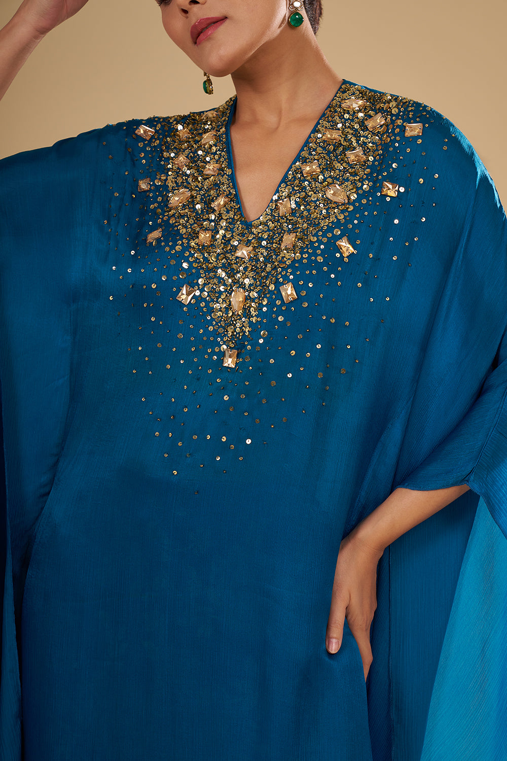 Navy Blue Bamber Satin Tie-Dye Cape Set with Mirror and Resham Embroidery
