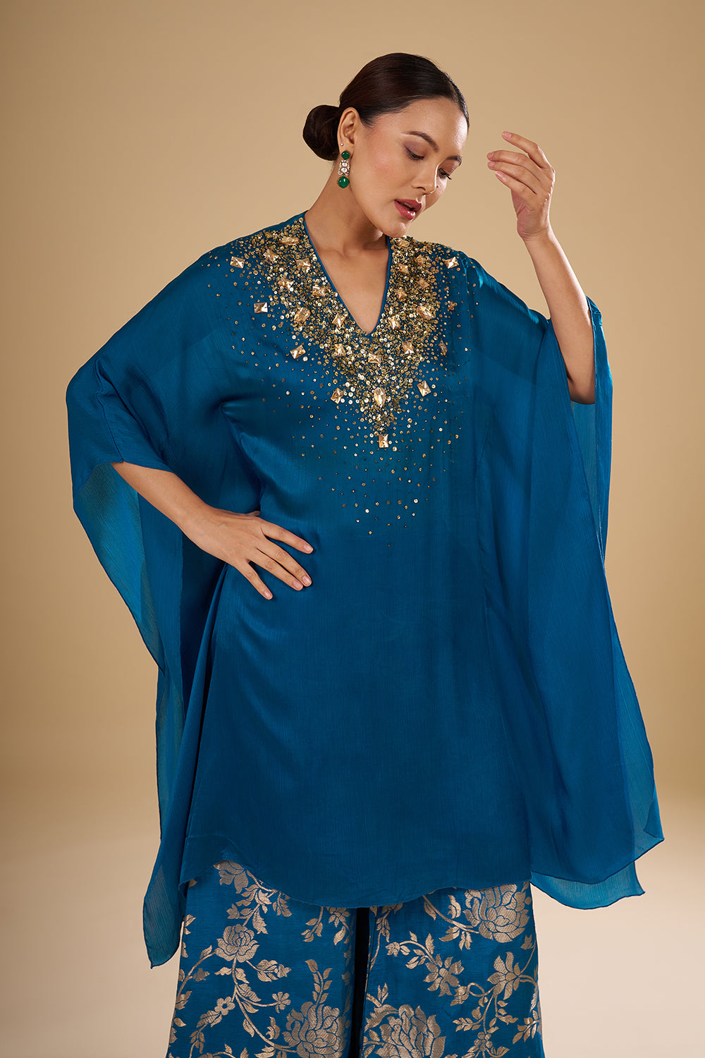 Navy Blue Bamber Satin Tie-Dye Cape Set with Mirror and Resham Embroidery