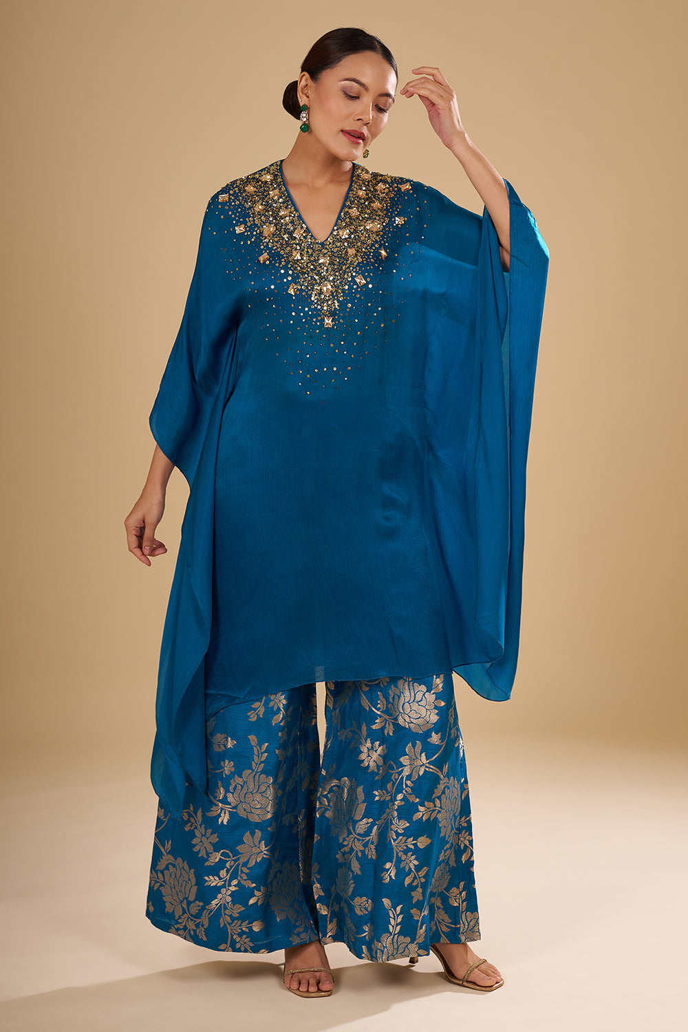 Navy Blue Bamber Satin Tie-Dye Cape Set with Mirror and Resham Embroidery
