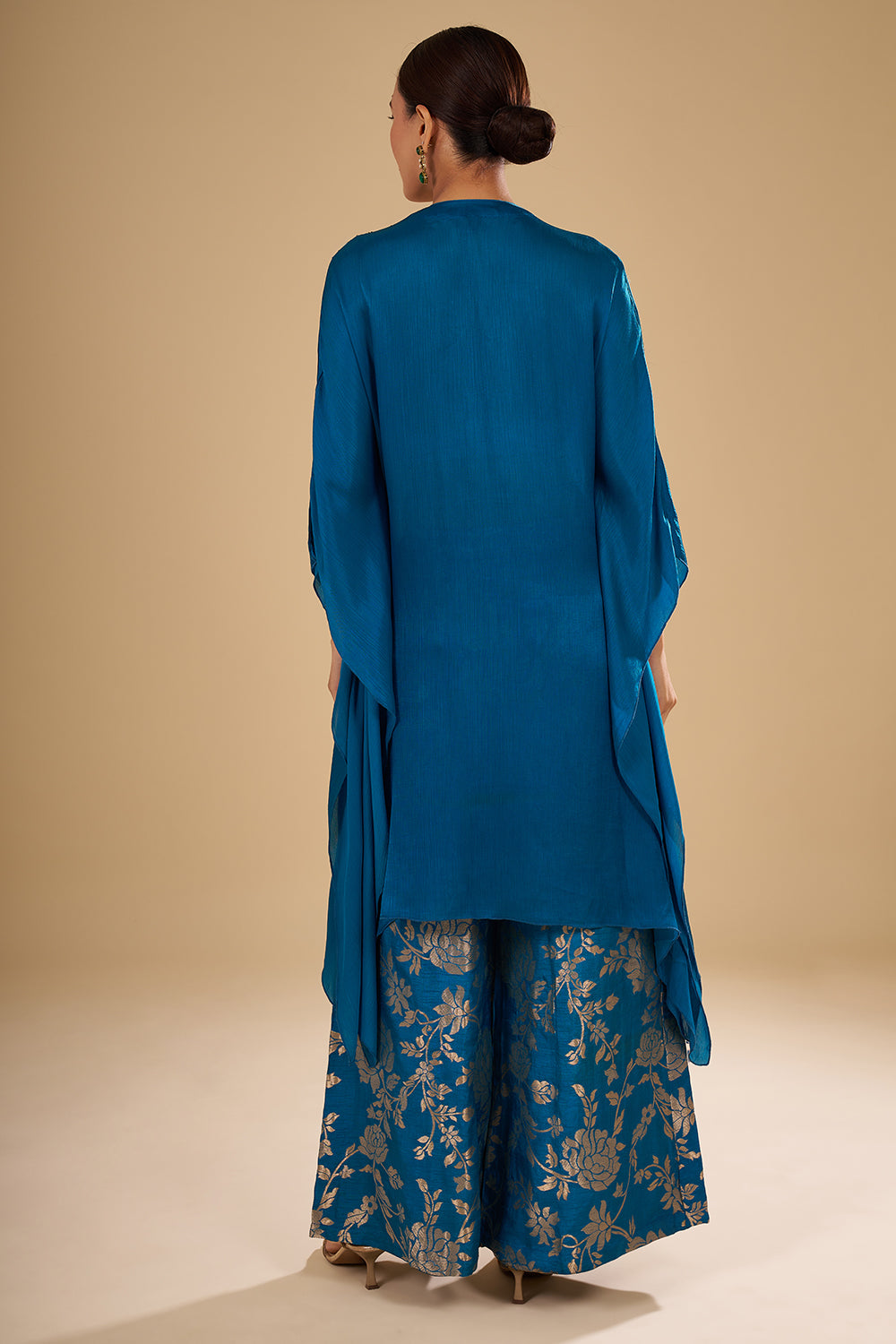 Navy Blue Bamber Satin Tie-Dye Cape Set with Mirror and Resham Embroidery