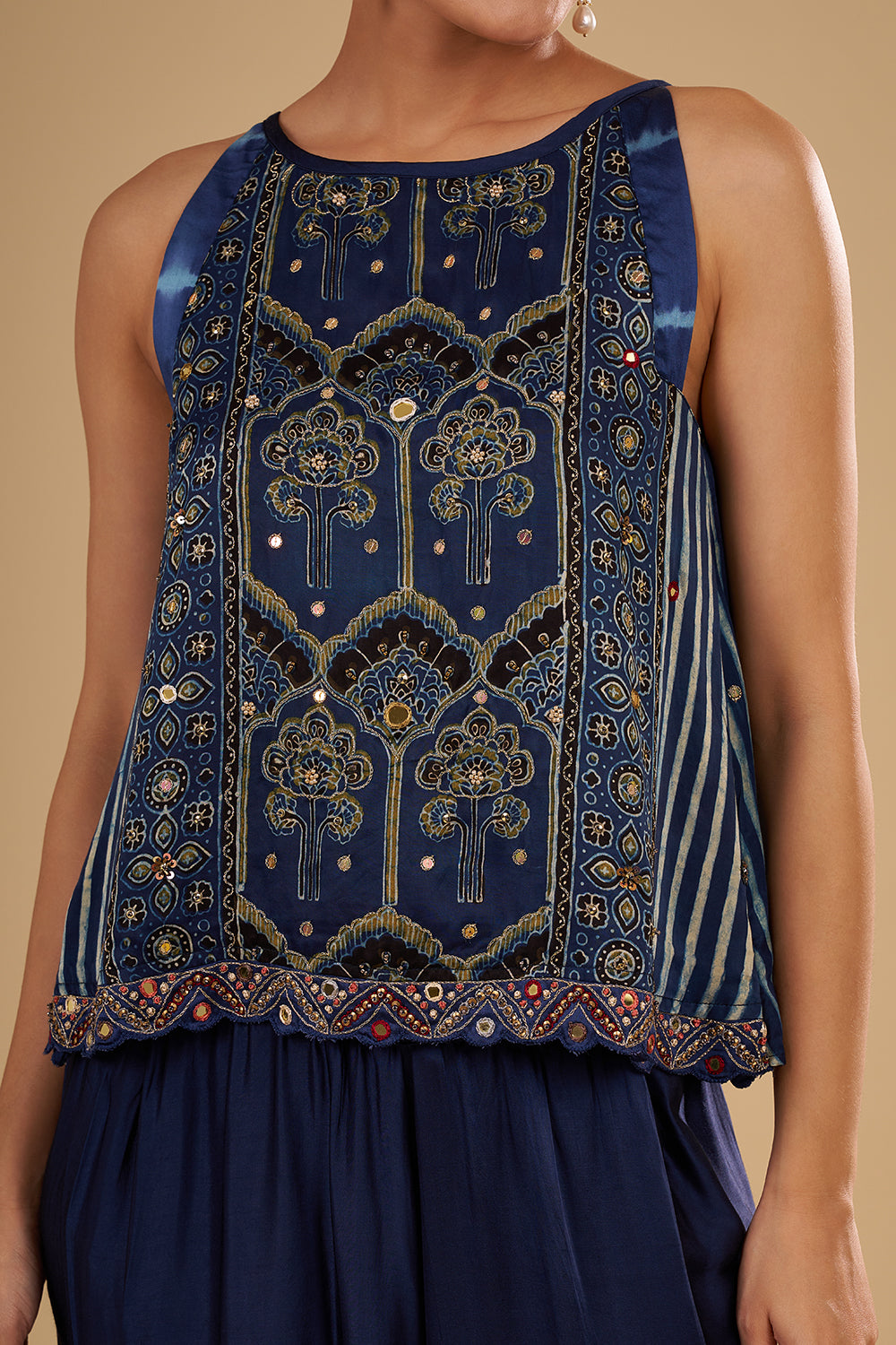 Navy Blue Bamber Satin Cape Set with Mirror Embroidery