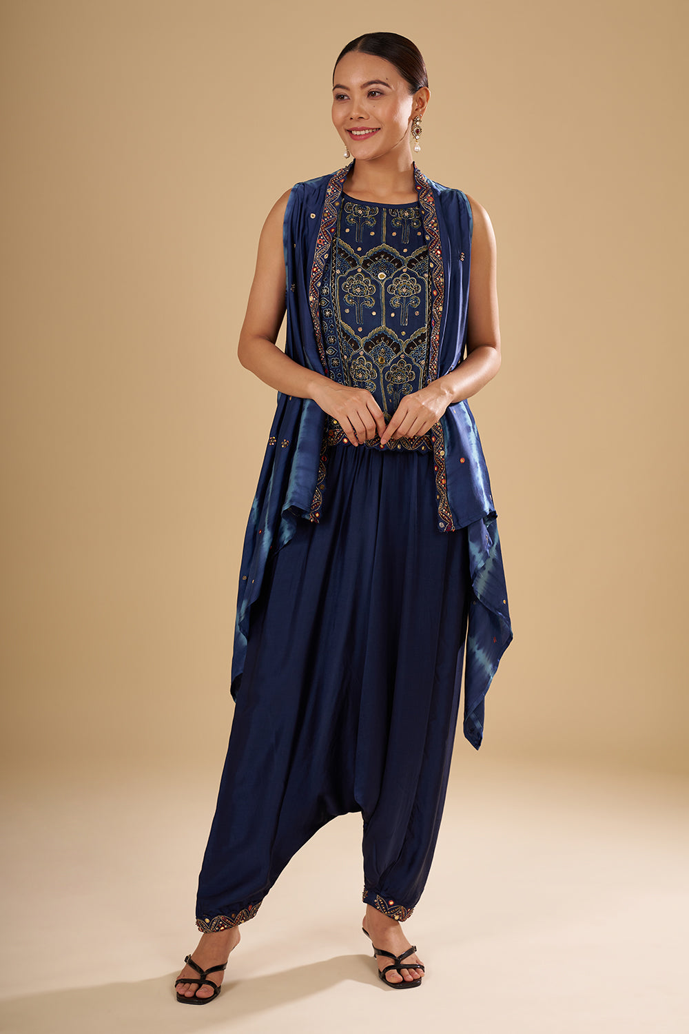 Navy Blue Bamber Satin Cape Set with Mirror Embroidery