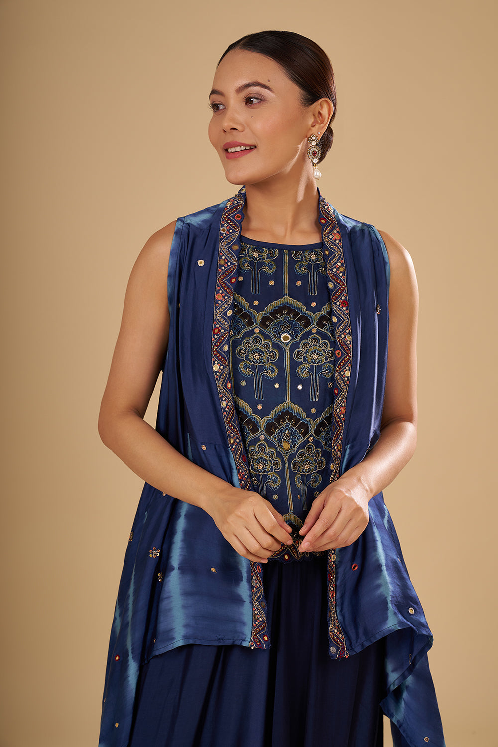 Navy Blue Bamber Satin Cape Set with Mirror Embroidery
