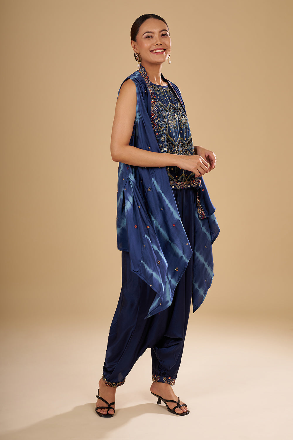 Navy Blue Bamber Satin Cape Set with Mirror Embroidery