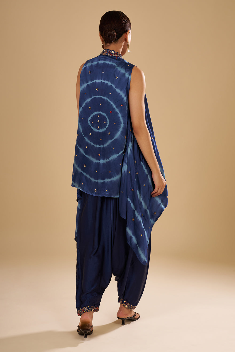 Navy Blue Bamber Satin Cape Set with Mirror Embroidery