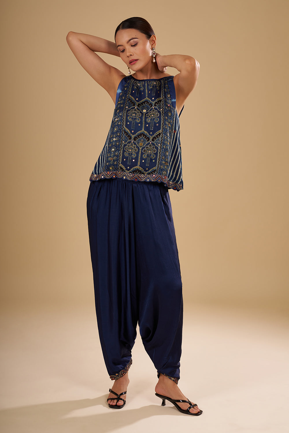 Navy Blue Bamber Satin Cape Set with Mirror Embroidery
