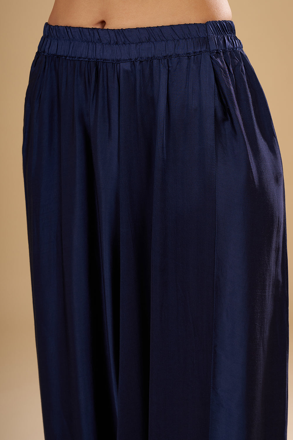 Navy Blue Bamber Satin Cape Set with Mirror Embroidery