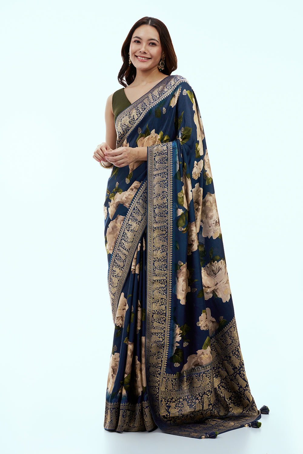 Navy Blue Banarasi Silk Floral Print Saree