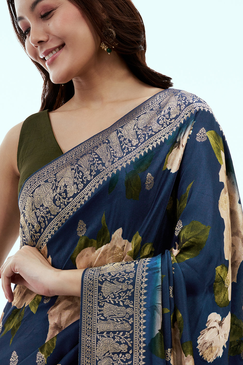 Navy Blue Banarasi Silk Floral Print Saree