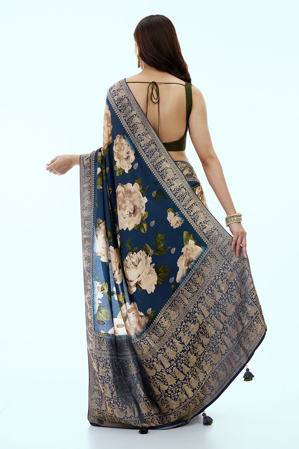Navy Blue Banarasi Silk Floral Print Saree