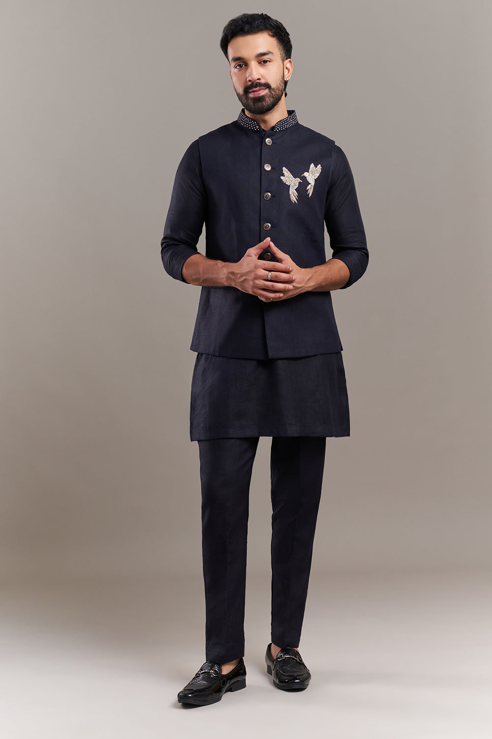 Navy Blue Cotton Jute Bird Accent Men's Kurta with Jacket