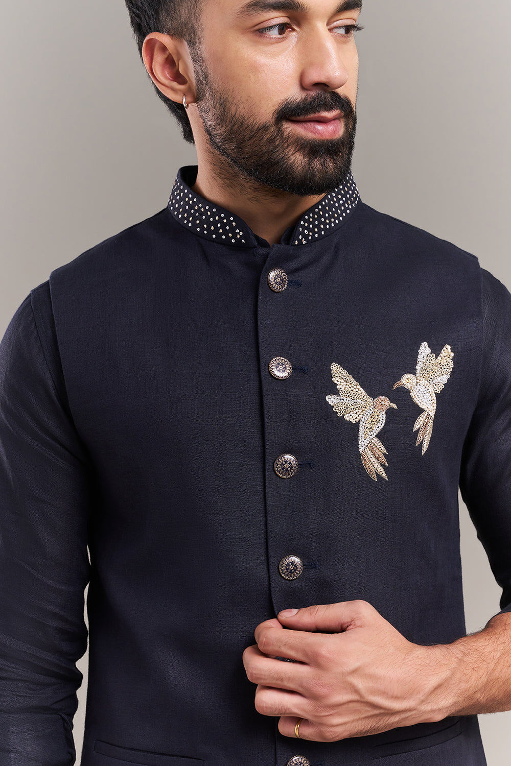 Navy Blue Cotton Jute Bird Accent Men's Kurta with Jacket