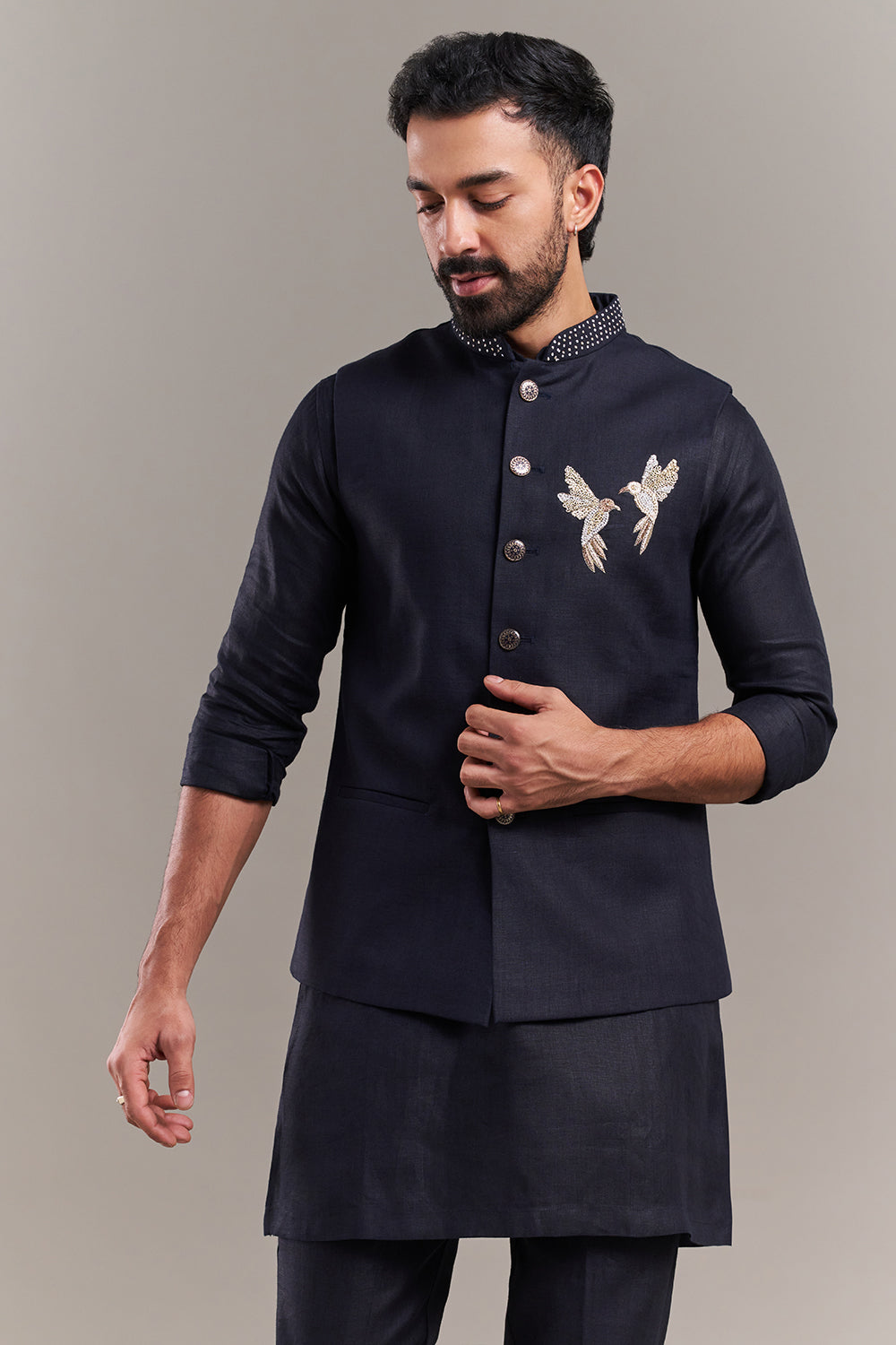 Navy Blue Cotton Jute Bird Accent Men's Kurta with Jacket