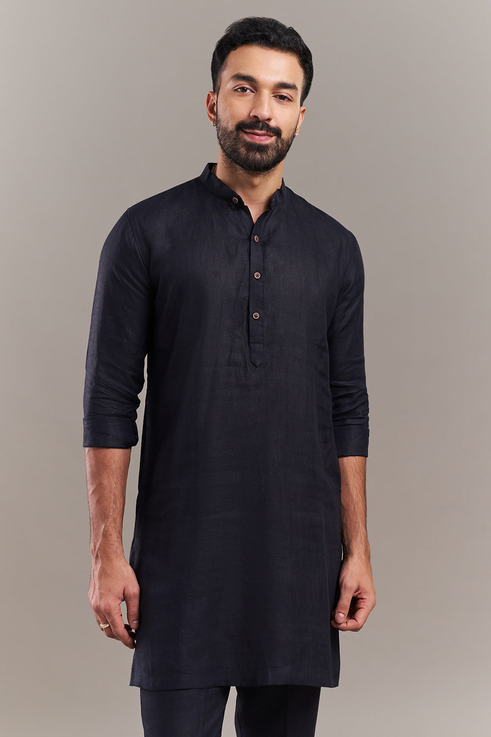 Navy Blue Cotton Jute Bird Accent Men's Kurta with Jacket