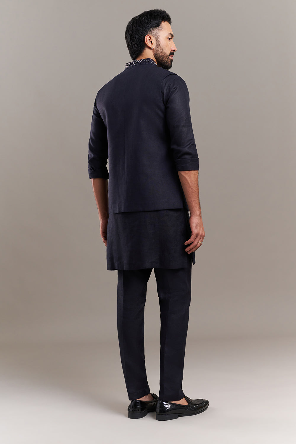 Navy Blue Cotton Jute Bird Accent Men's Kurta with Jacket