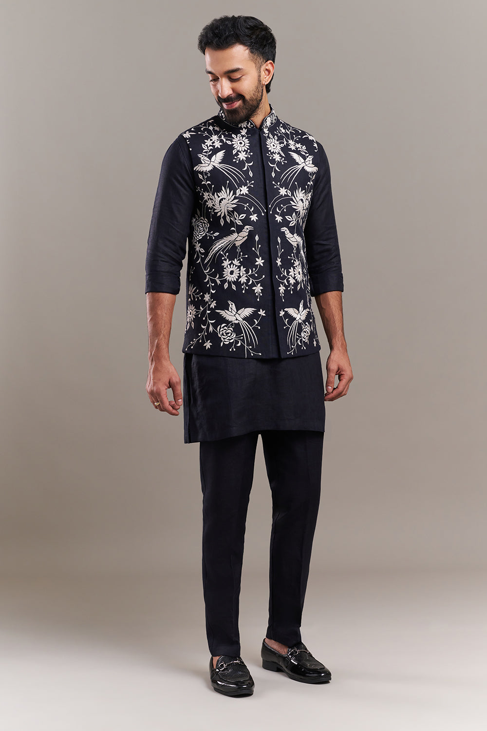 Navy Blue Cotton Jute Bird Motif Men's Kurta with Jacket