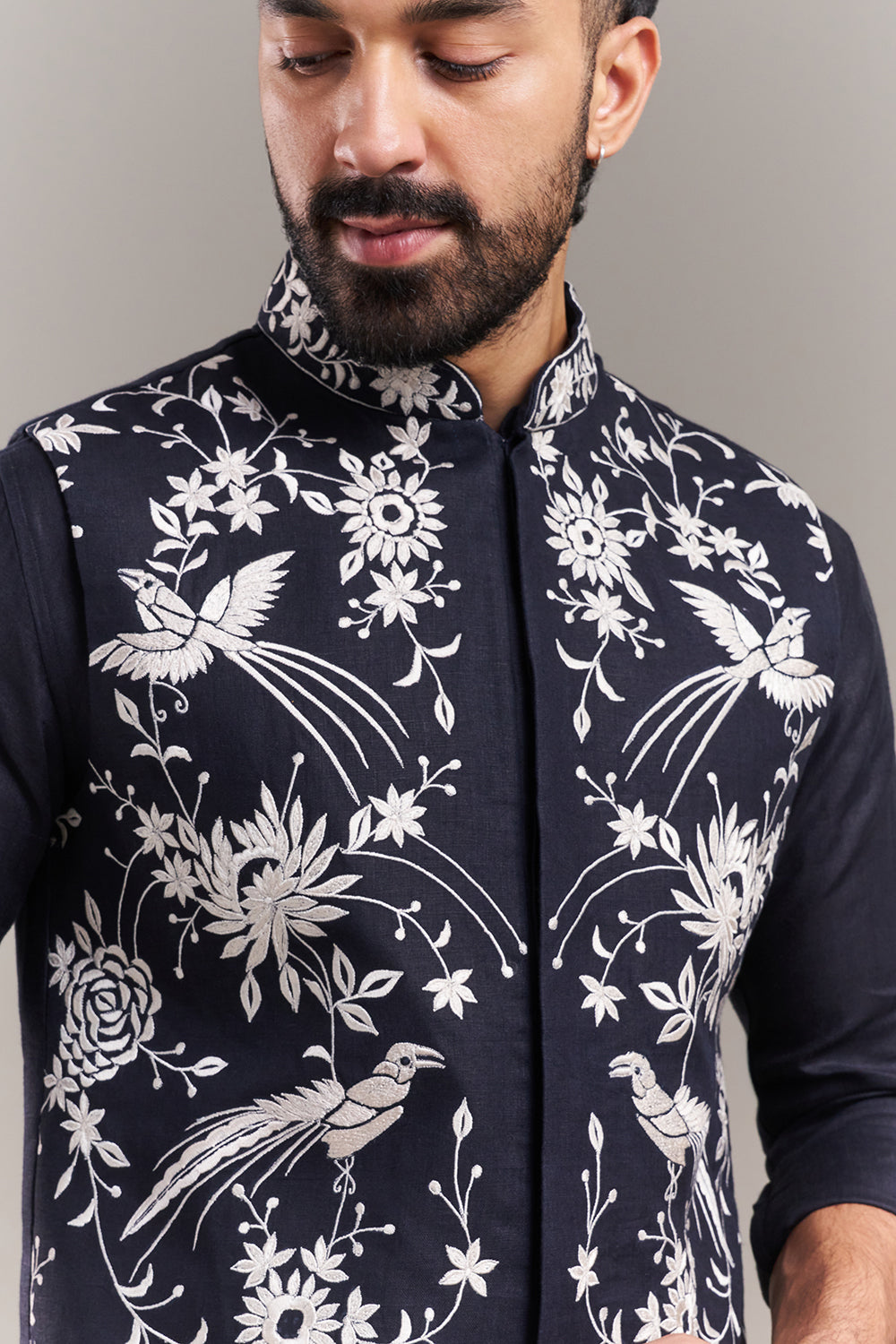 Navy Blue Cotton Jute Bird Motif Men's Kurta with Jacket