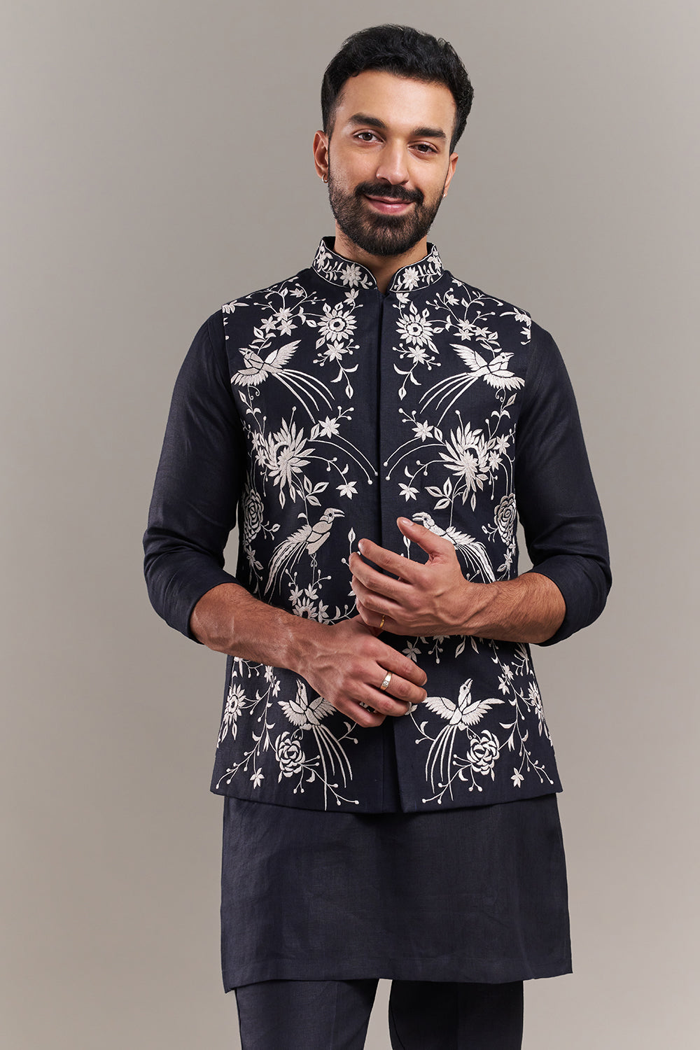 Navy Blue Cotton Jute Bird Motif Men's Kurta with Jacket