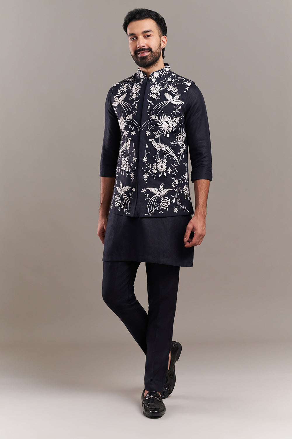 Navy Blue Cotton Jute Bird Motif Men's Kurta with Jacket