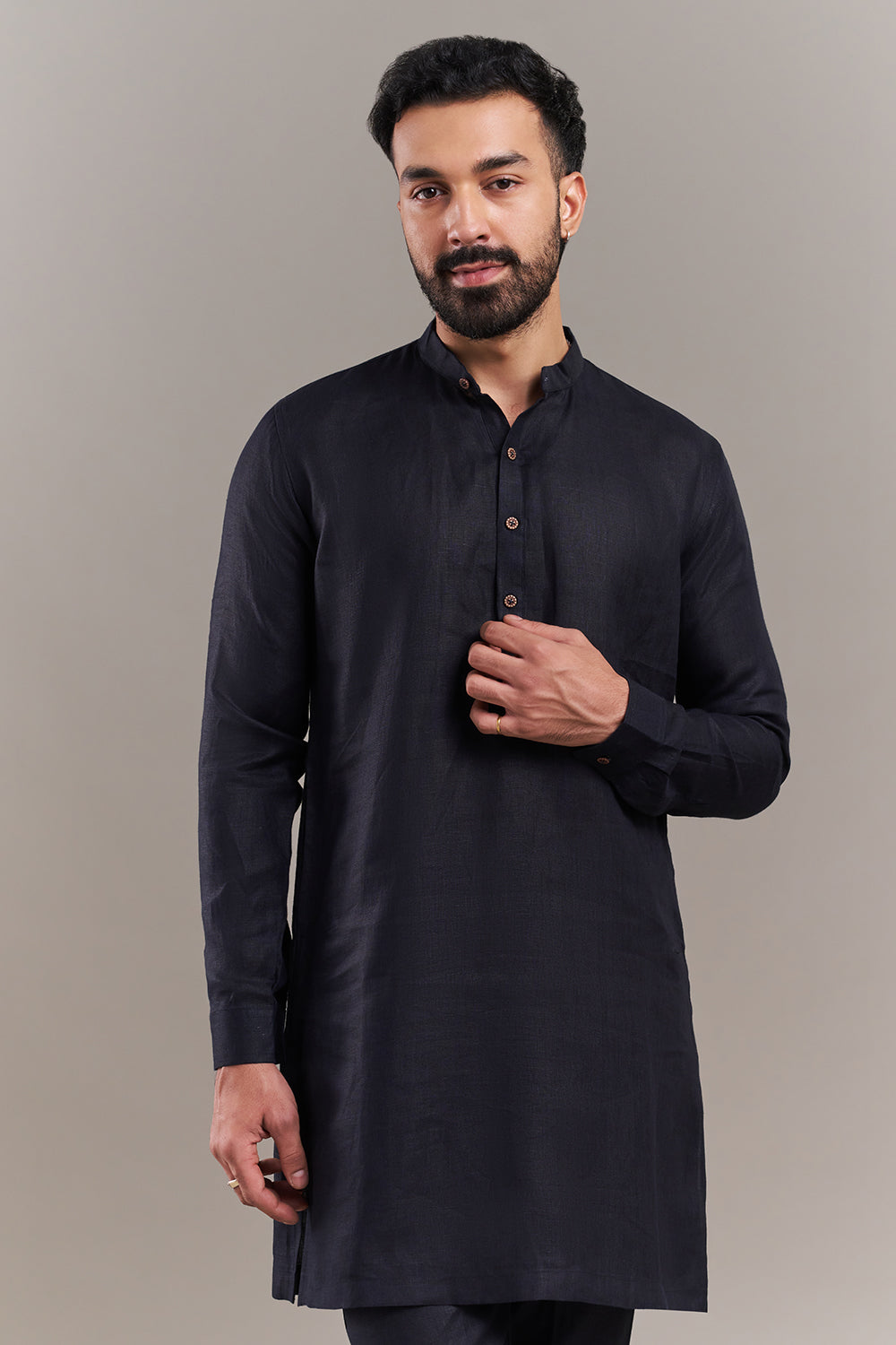 Navy Blue Cotton Jute Bird Motif Men's Kurta with Jacket