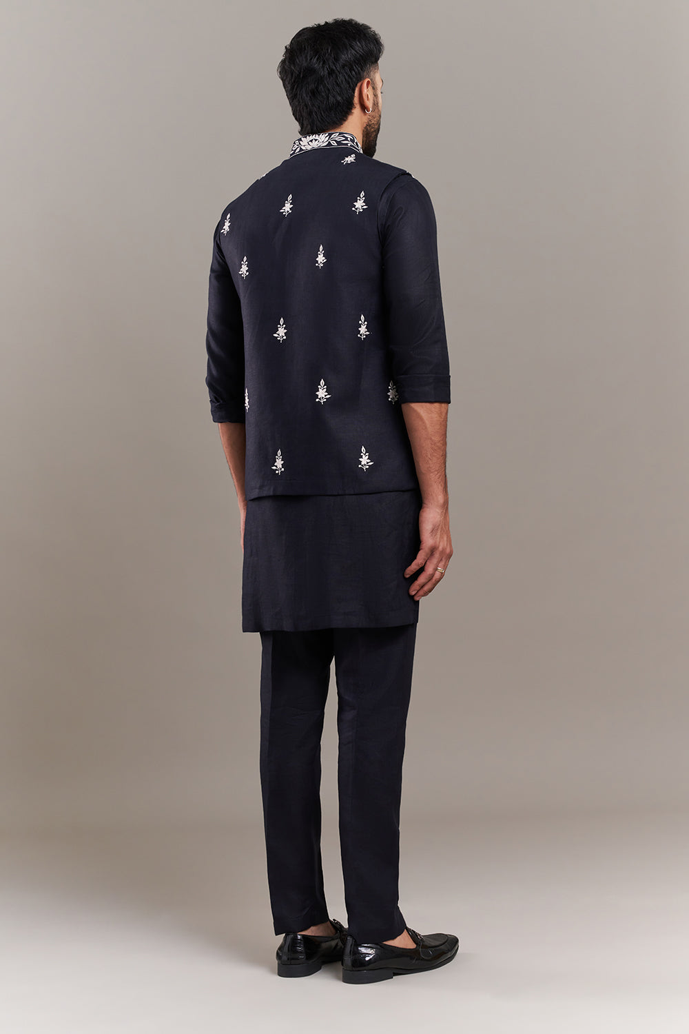 Navy Blue Cotton Jute Bird Motif Men's Kurta with Jacket