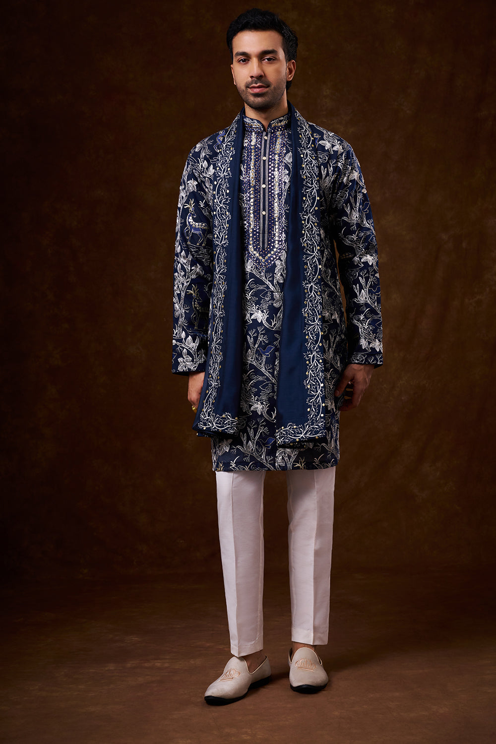 Navy Blue Cotton Men's Kurta Set with Resham Work