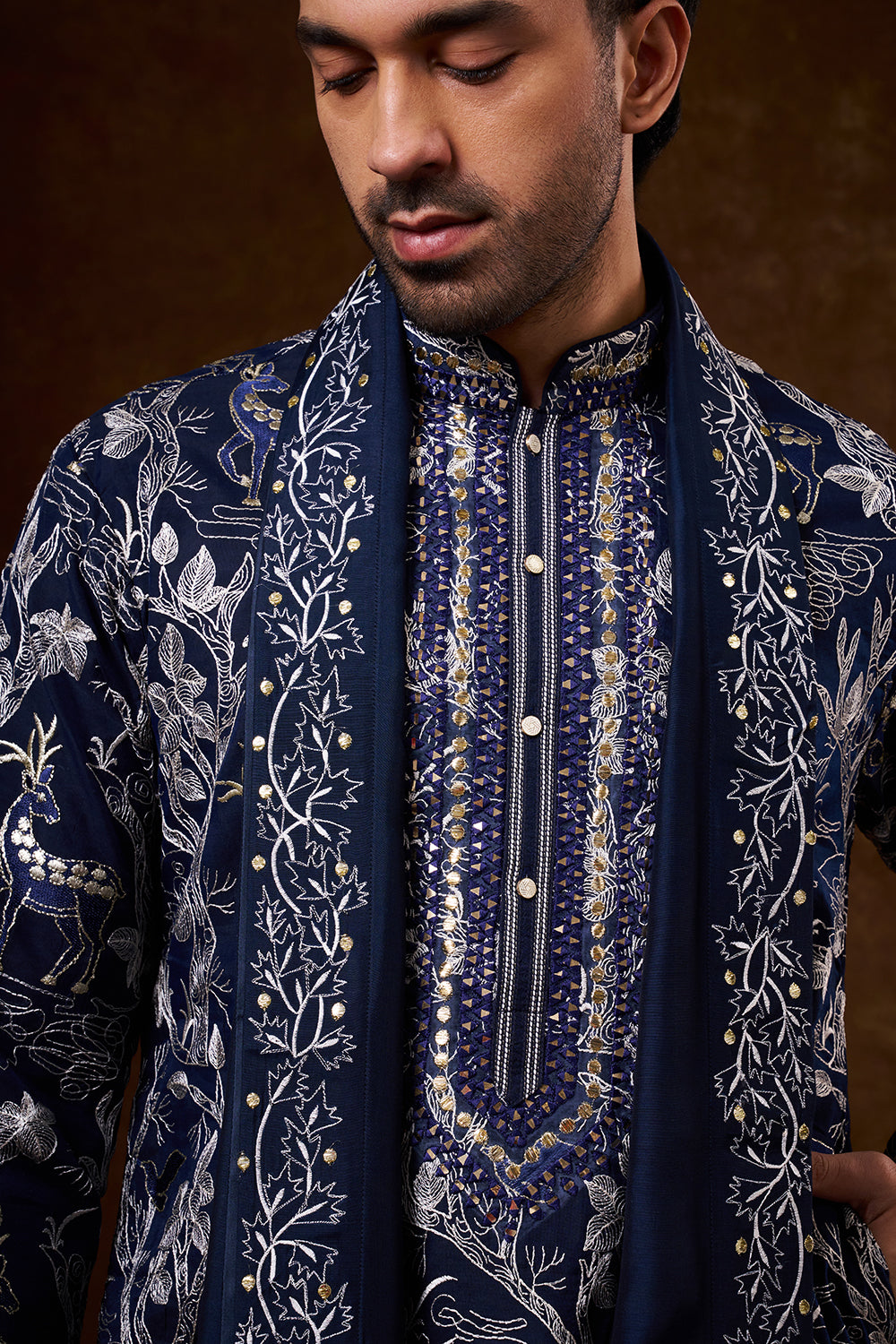 Navy Blue Cotton Men's Kurta Set with Resham Work