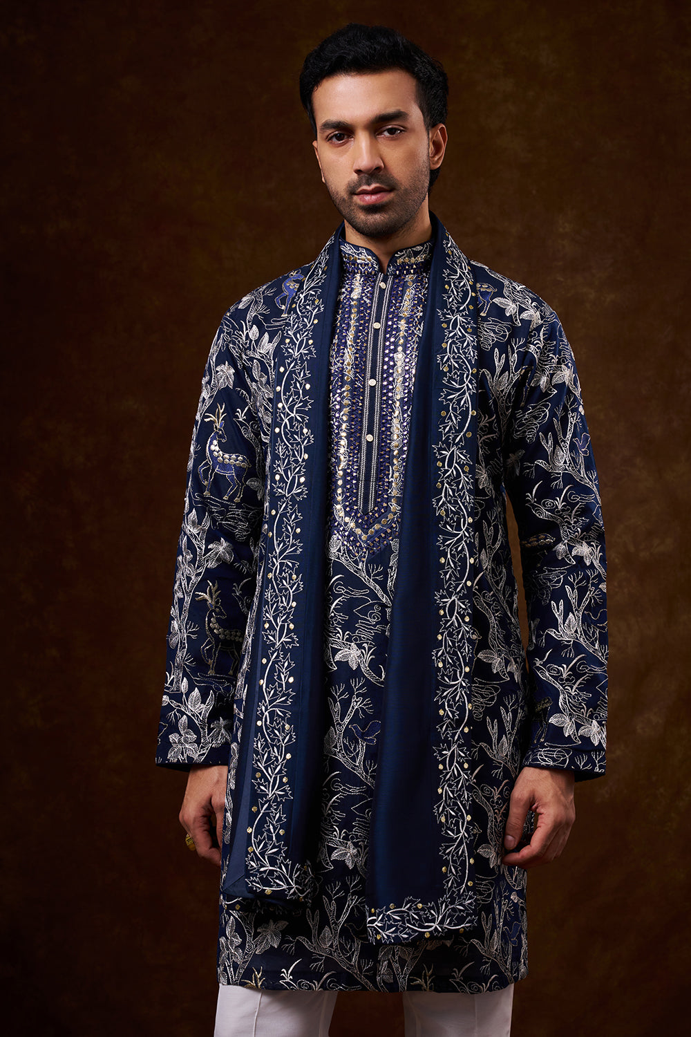 Navy Blue Cotton Men's Kurta Set with Resham Work