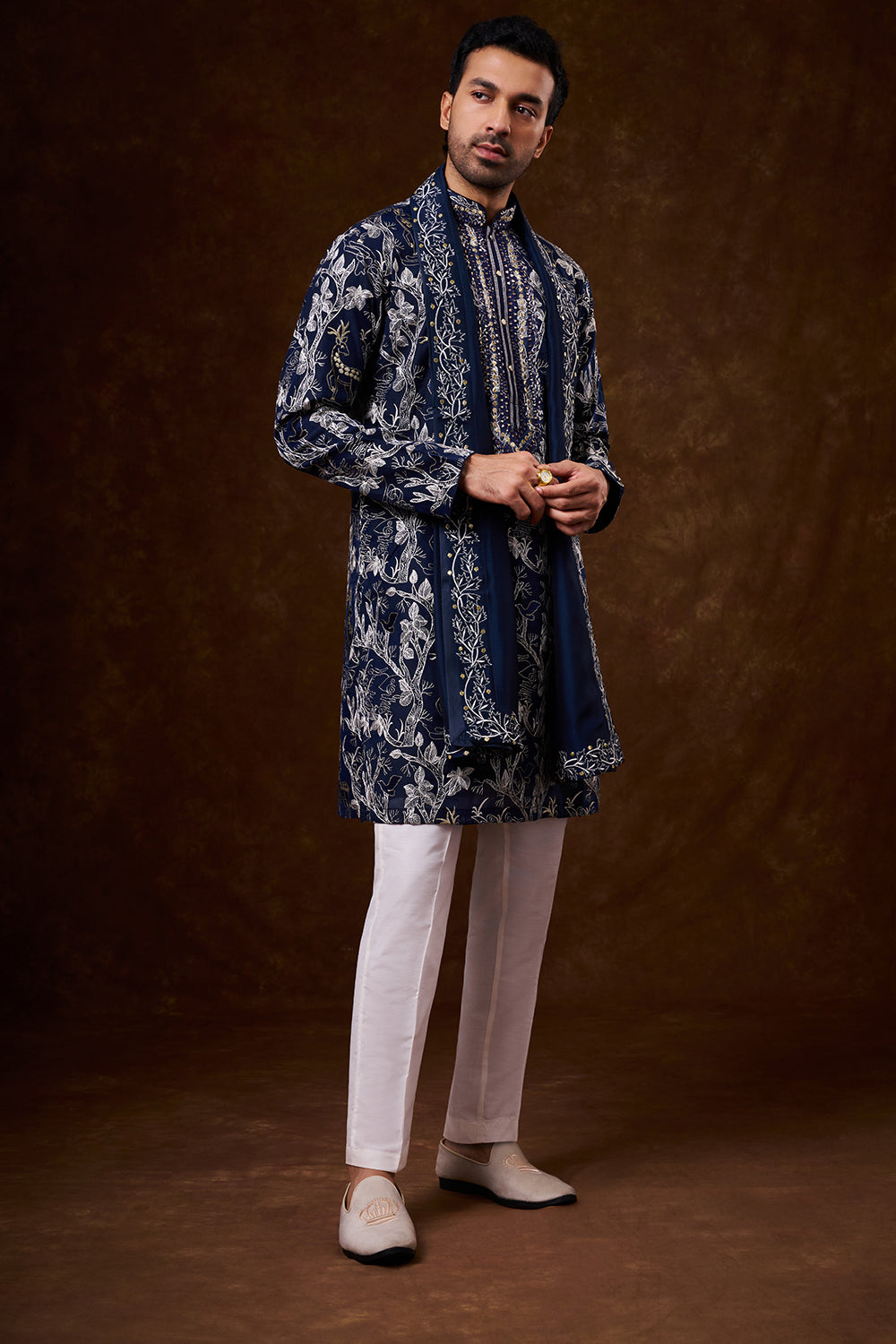 Navy Blue Cotton Men's Kurta Set with Resham Work