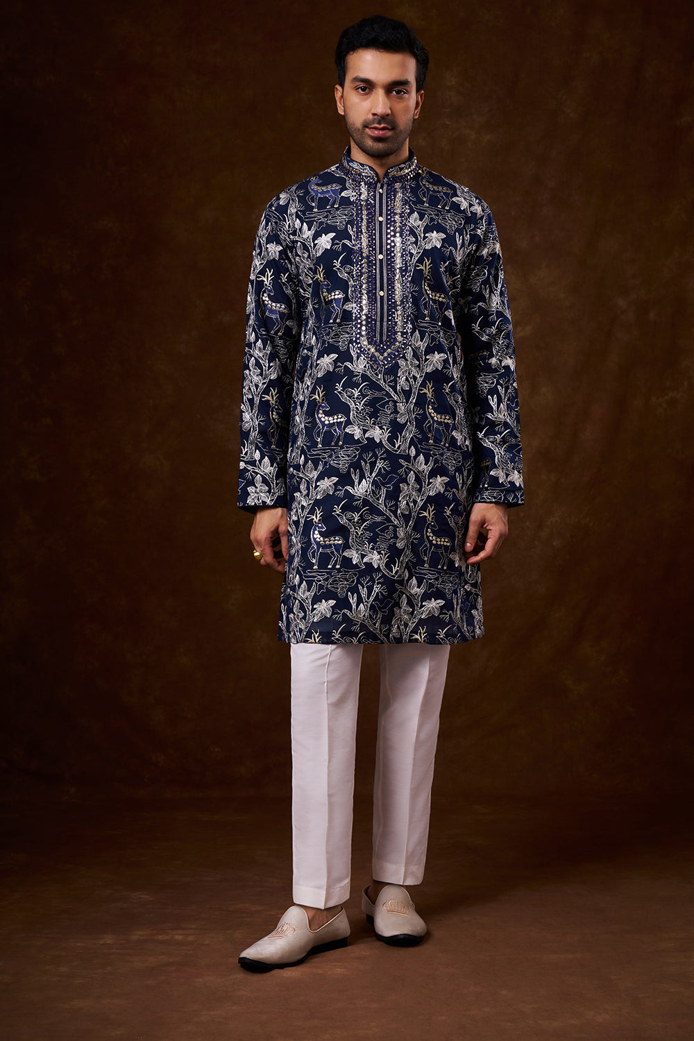 Navy Blue Cotton Men's Kurta Set with Resham Work