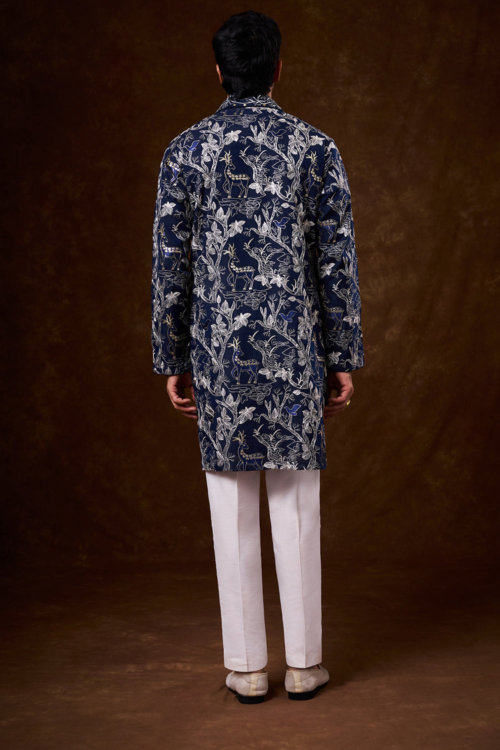 Navy Blue Cotton Men's Kurta Set with Resham Work
