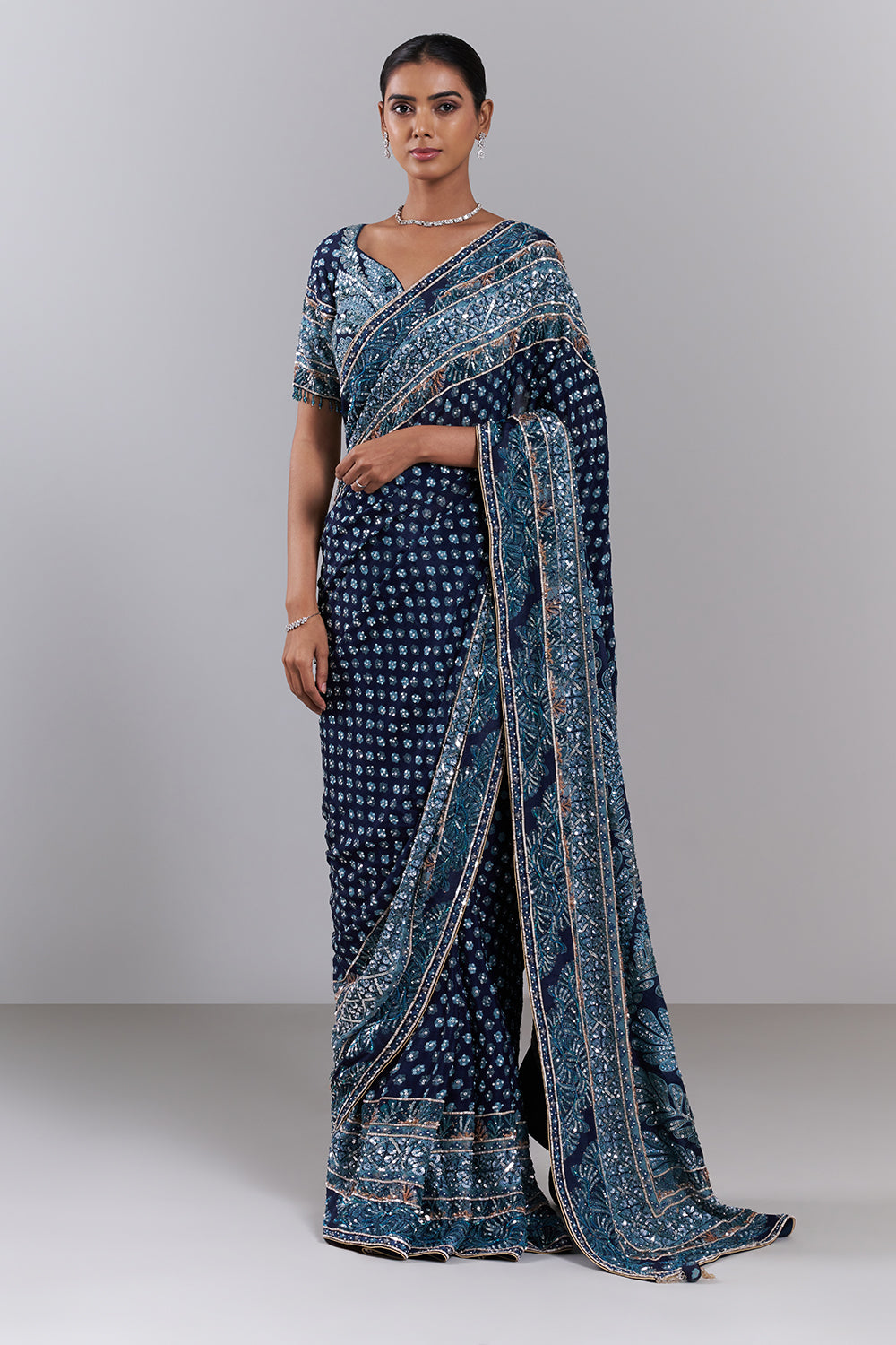 Navy Blue Crepe Embellished Saree And Stitched Blouse