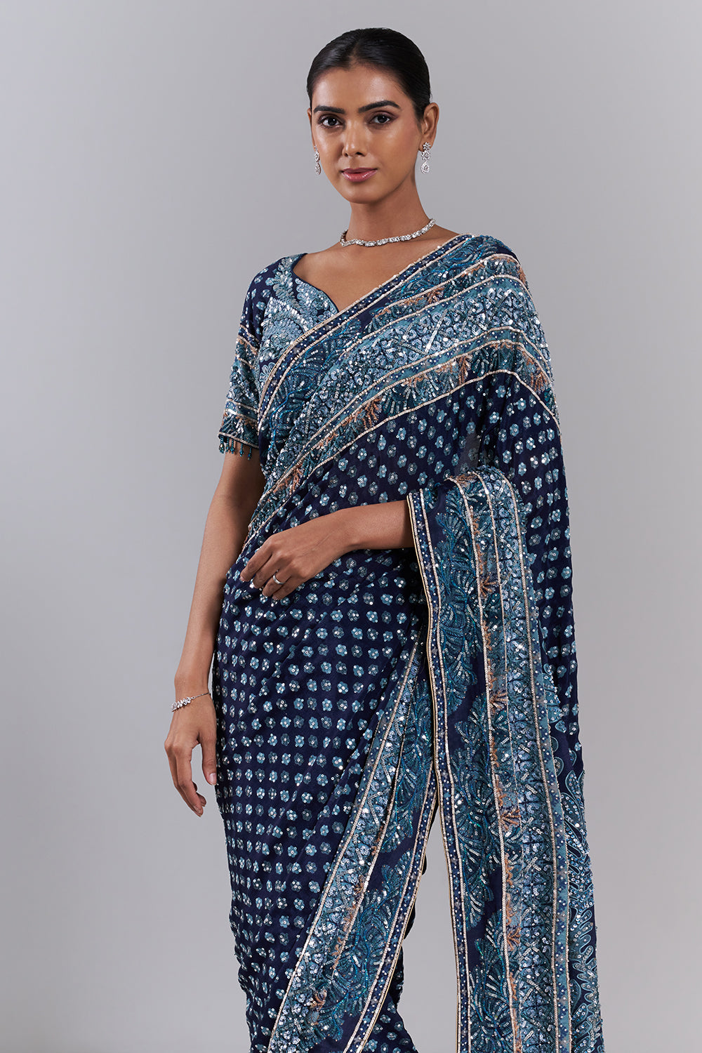 Navy Blue Crepe Embellished Saree And Stitched Blouse