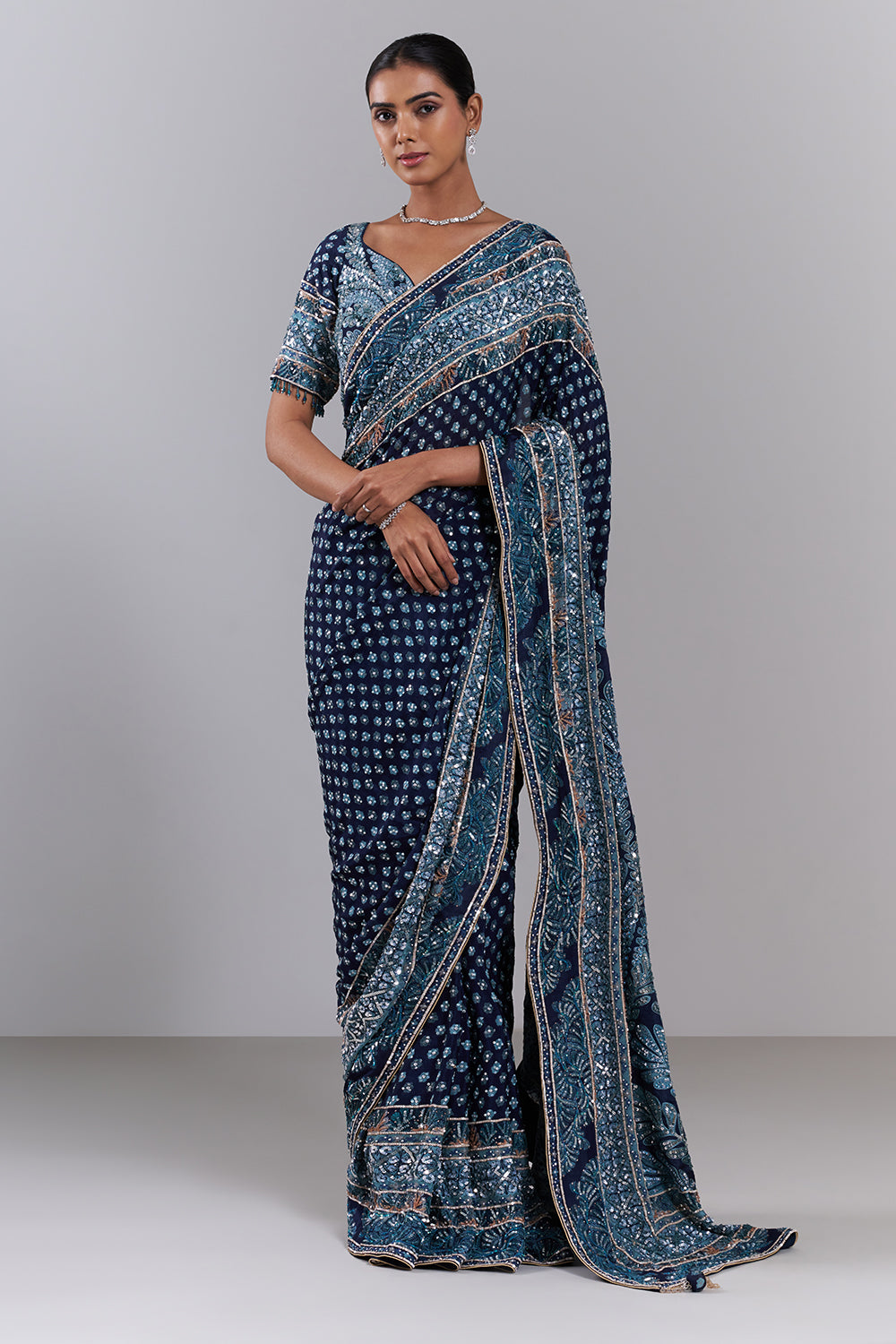 Navy Blue Crepe Embellished Saree And Stitched Blouse
