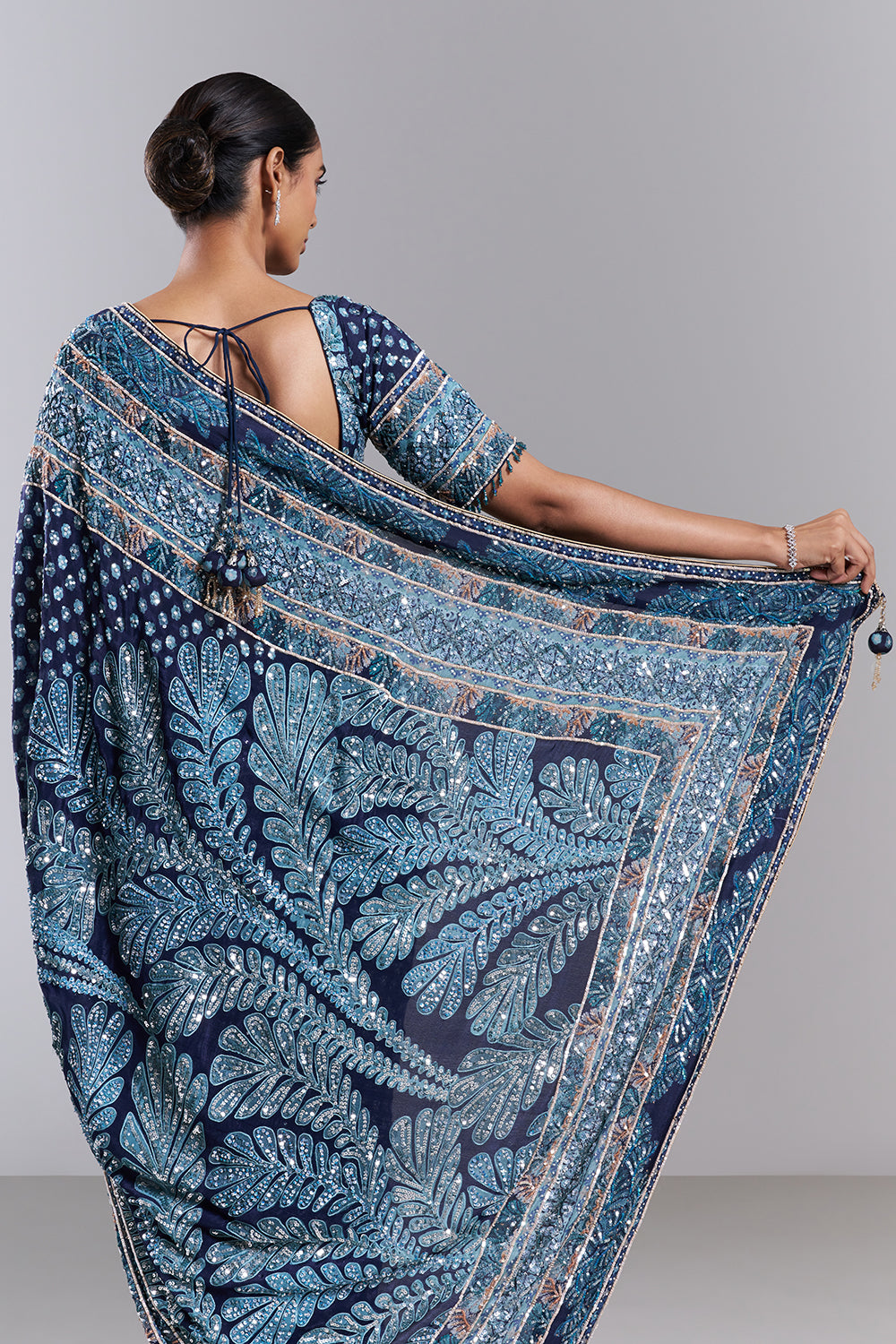 Navy Blue Crepe Embellished Saree And Stitched Blouse