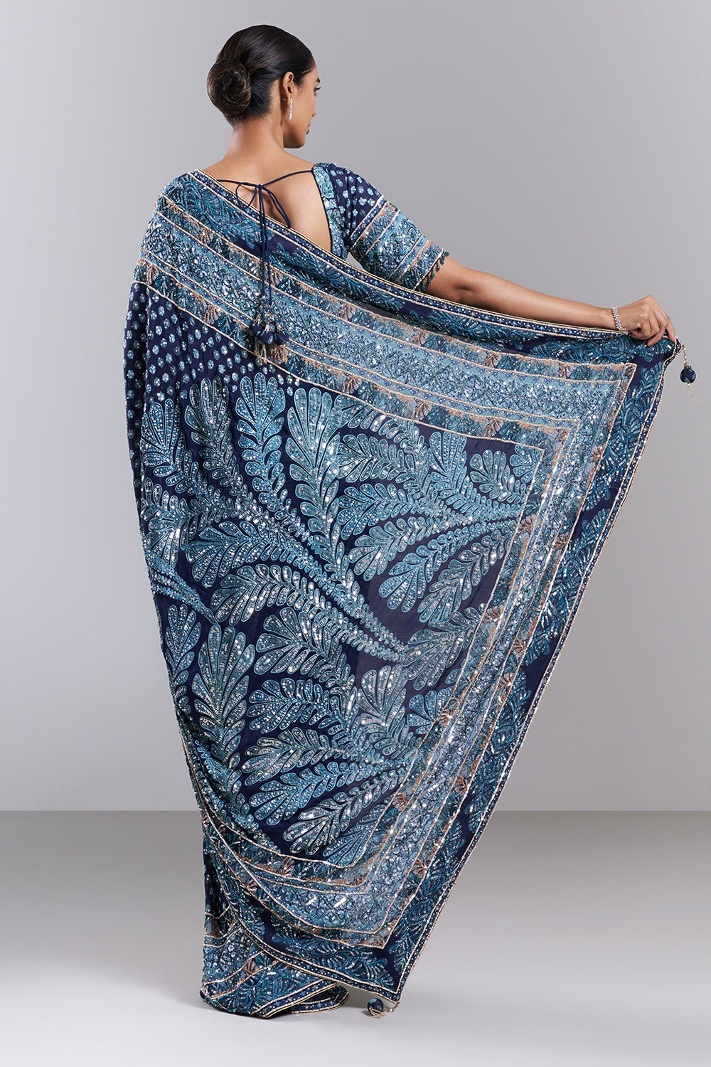 Navy Blue Crepe Embellished Saree And Stitched Blouse