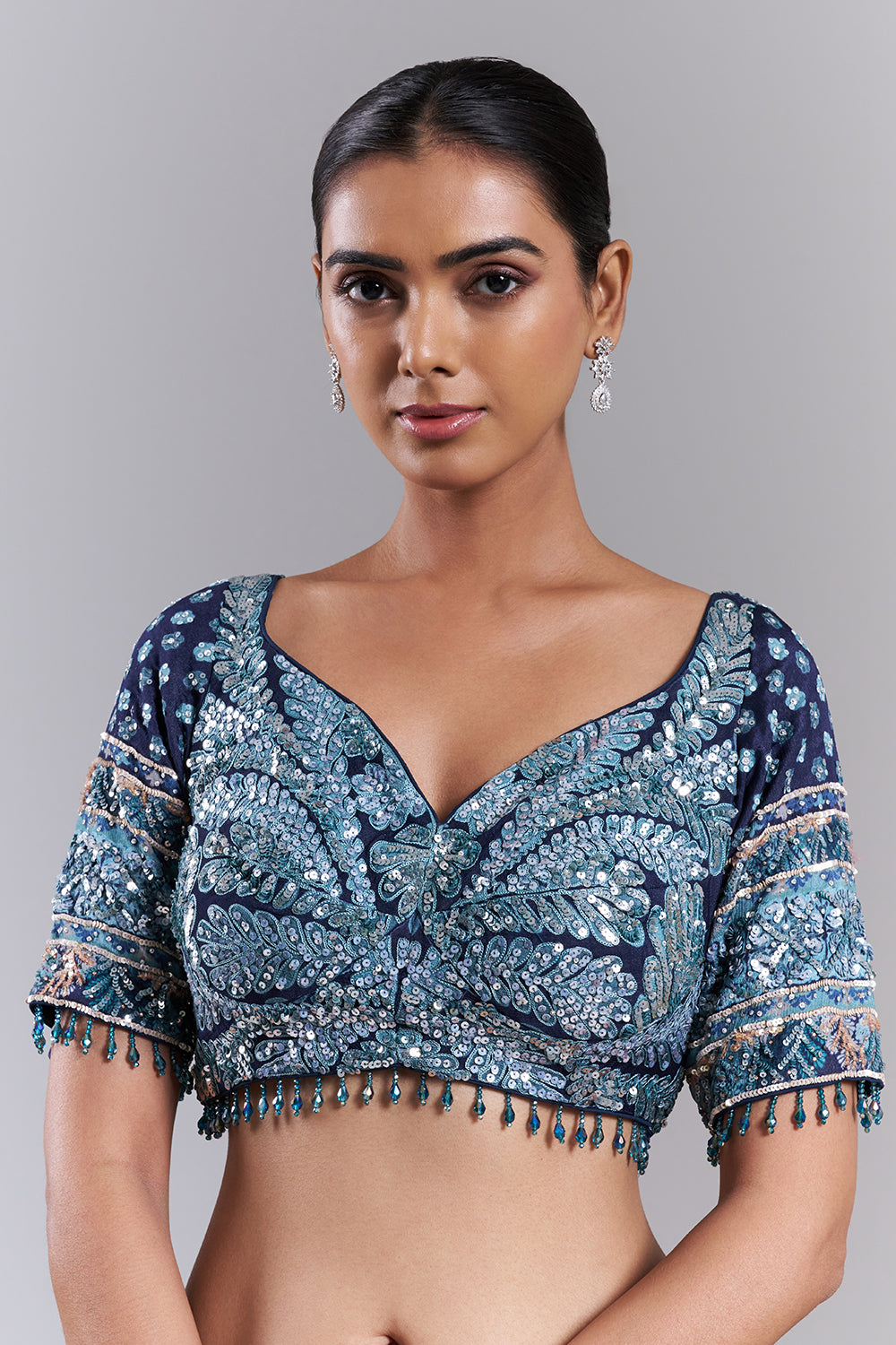 Navy Blue Crepe Embellished Saree And Stitched Blouse