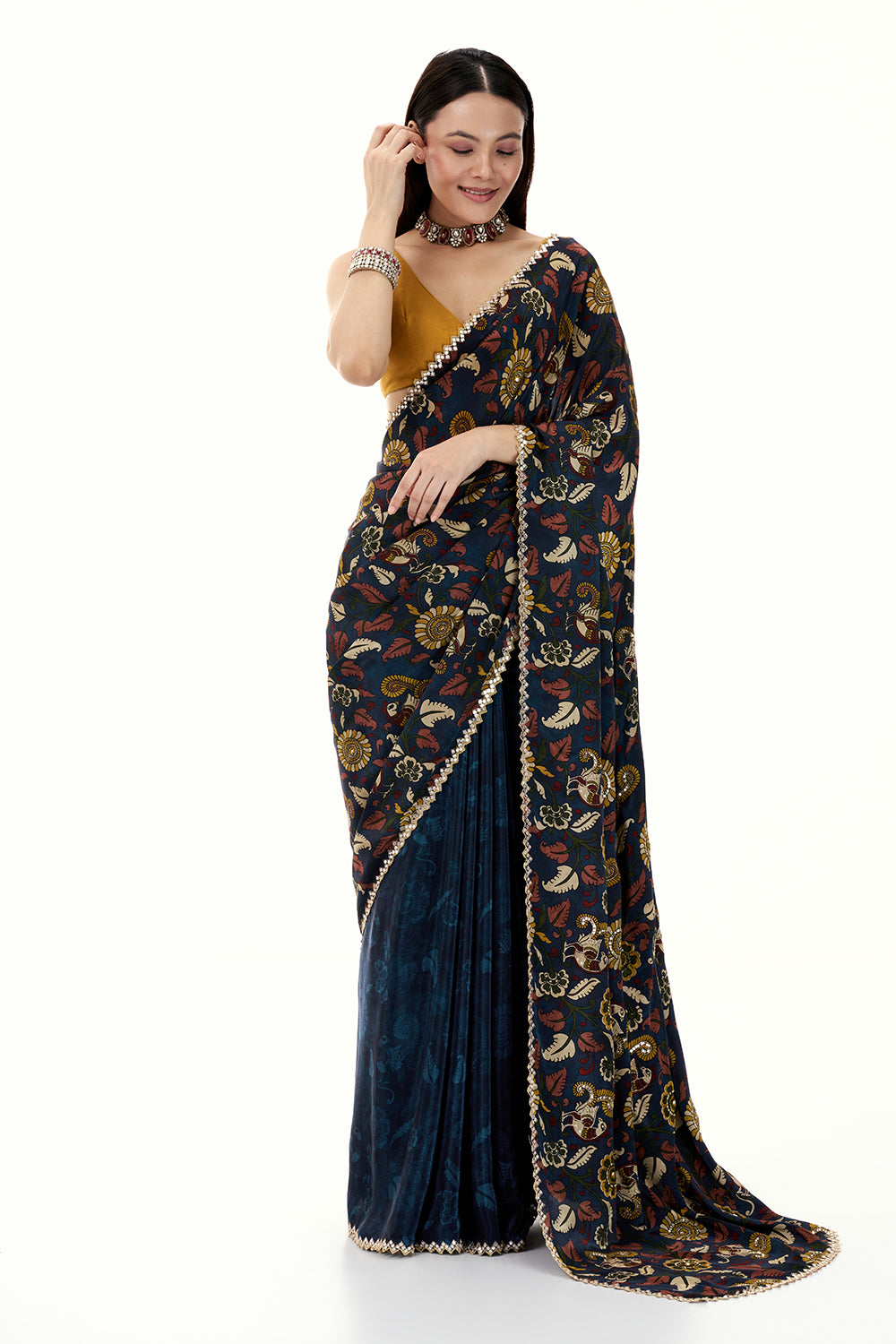Navy Blue Crepe Half and Half Saree with Floral Motifs and Mirror Work