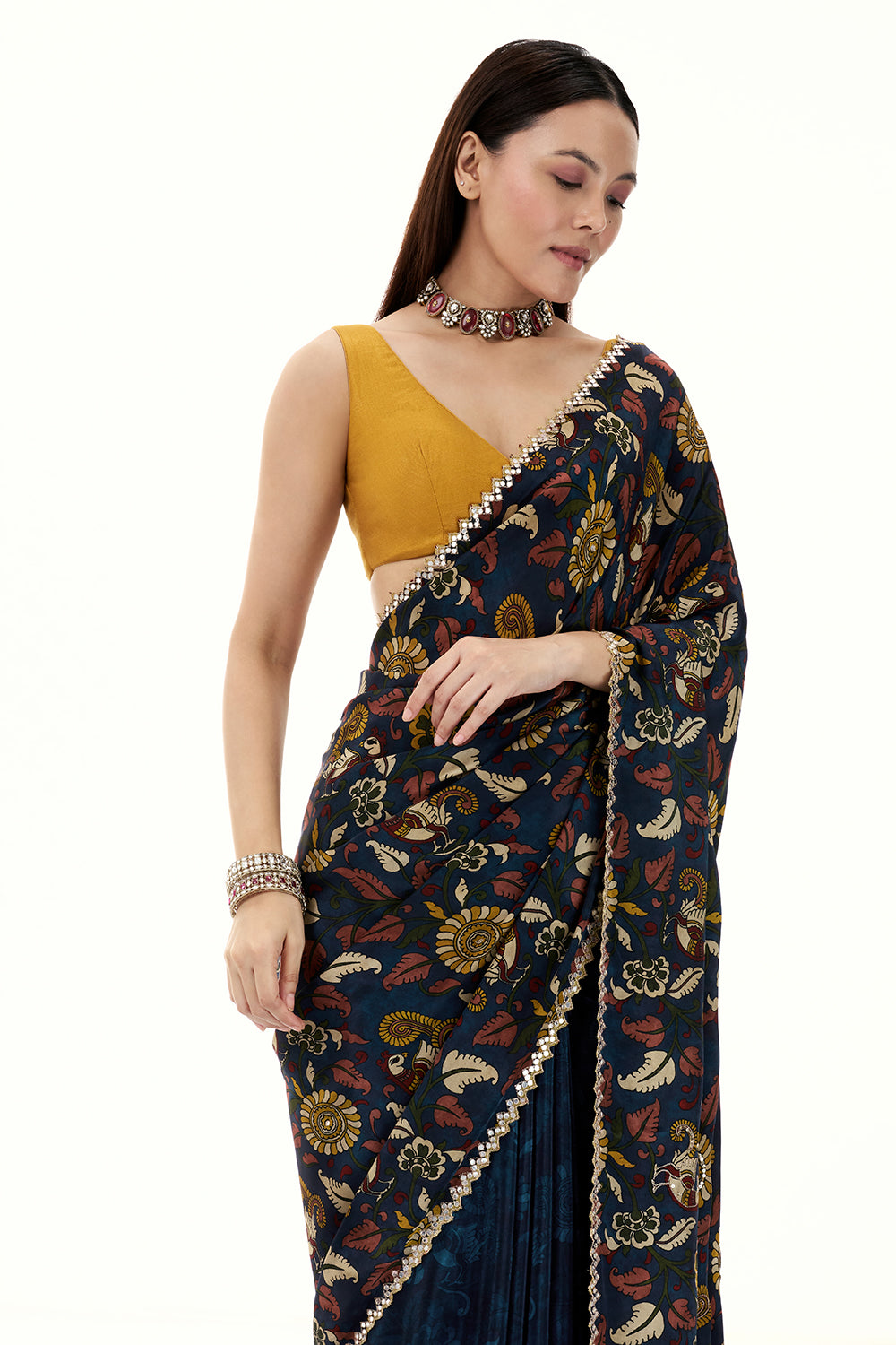 Navy Blue Crepe Half and Half Saree with Floral Motifs and Mirror Work
