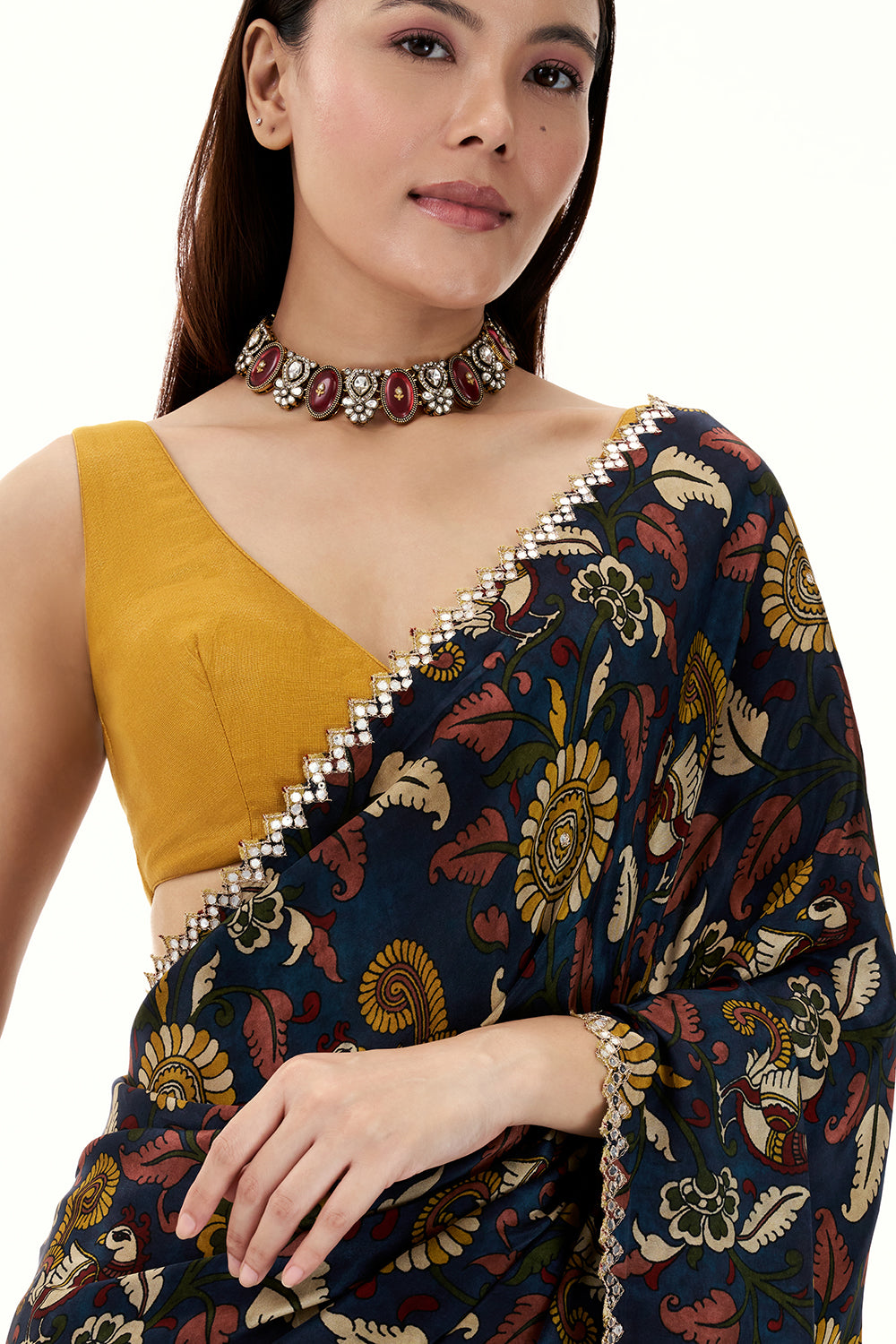 Navy Blue Crepe Half and Half Saree with Floral Motifs and Mirror Work