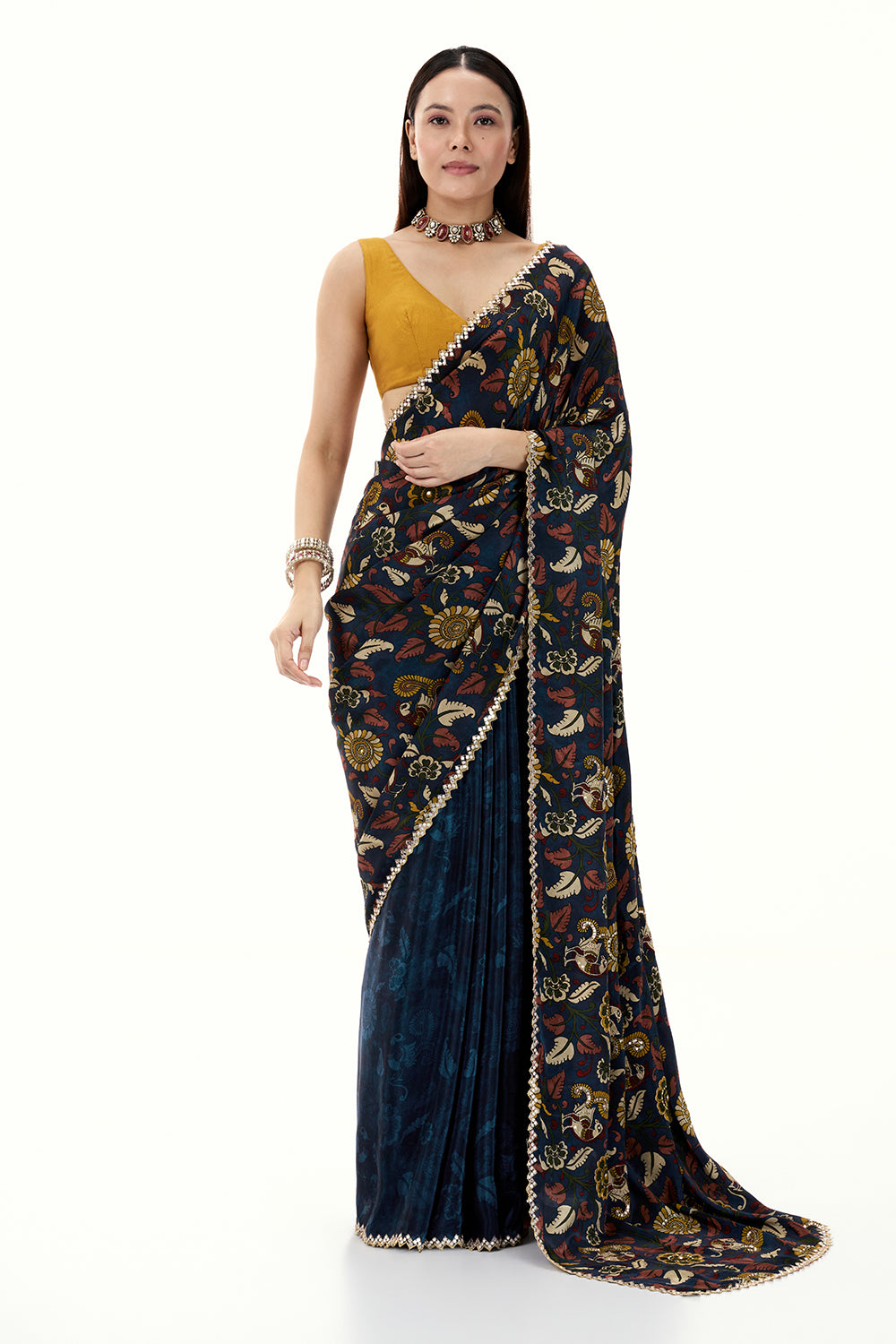 Navy Blue Crepe Half and Half Saree with Floral Motifs and Mirror Work