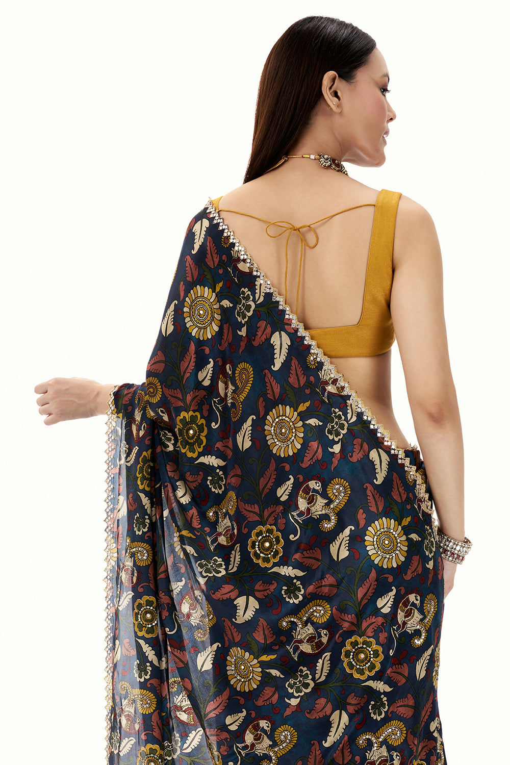 Navy Blue Crepe Half and Half Saree with Floral Motifs and Mirror Work